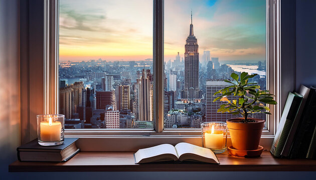 Fototapeta Urban skyline seen through window with view of historical architecture, tall structures, busy streets, and a comfortable windowsill adorned with literature, a lit candle, and a potted plant.