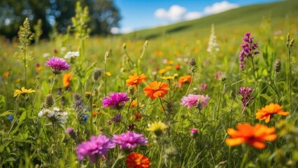 Green meadow with colorful wildflowers, vibrant and lively.-