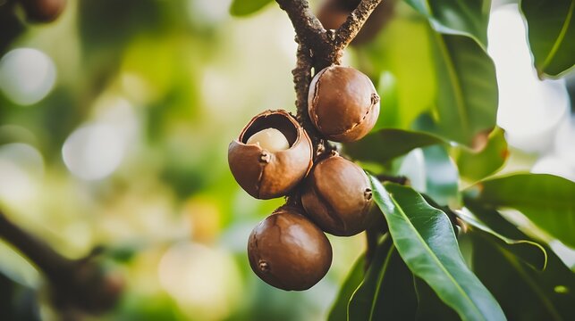 Close-up of macadamia nuts growing on a tree branch.