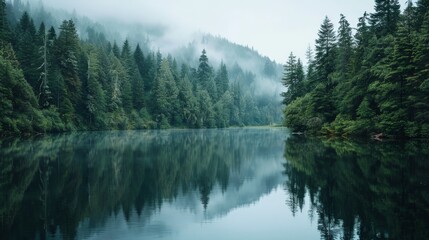 Misty Forest Reflection in Still Water.