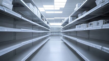 Obraz premium Empty shelves in a grocery store aisle.