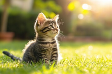 Obraz premium Cute little striped kitten on green lawn on sunny day