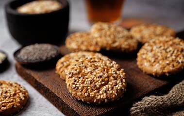 Sunflower seeds, sesame seeds cookies on a dark background