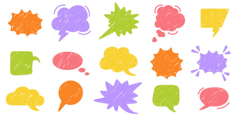 Colorful charcoal pen line speech bubbles. Various talk and dialog balloon shapes. Vector chalk graphic elements
