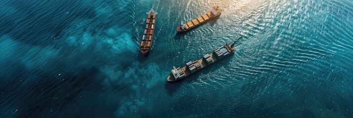Aerial perspective of cargo ships in a vast blue ocean, representing freight transportation and logistics for import and export.