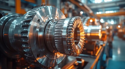 Fototapeta premium Industrial Machinery Close-Up in Modern Factory with Shiny Metal Components and Blurred Background