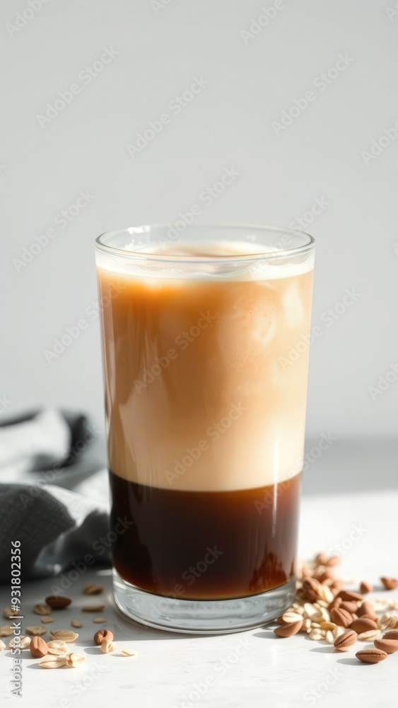 Poster Glass of Oat Milk Latte with Almonds on White Marble Surface