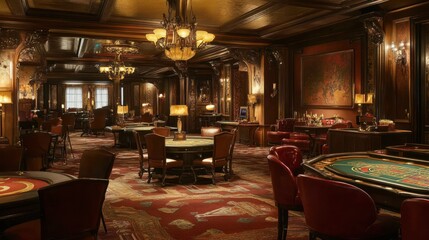 Elegant Casino Interior with Luxurious Decor and Gaming Tables