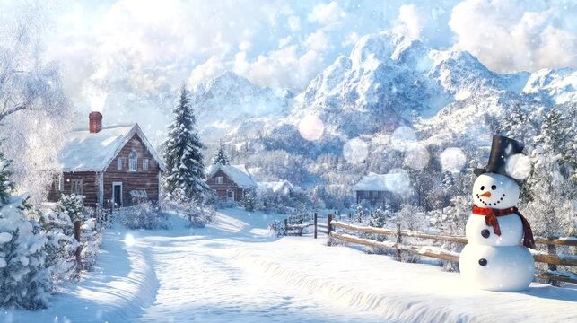winter in the village nature with snowman and large tree with a very beautiful mountain view. seamless looping time-lapse virtual 4k video animation background