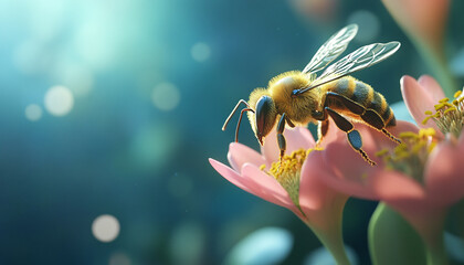 Naklejka premium bee in a colorful flower garden with blur background generated by AI