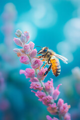 bee in a colorful flower garden with blur background generated by AI