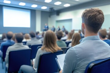 Fototapeta premium Diverse group of people attentively listening to speakers during a business seminar in modern conference room setting