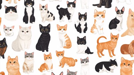 Close-up of a detailed pattern featuring a mix of different cat and dog breeds on a white background