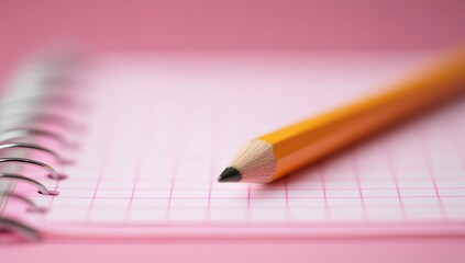 A pink notebook with grid paper and a pencil on a pink background closeup