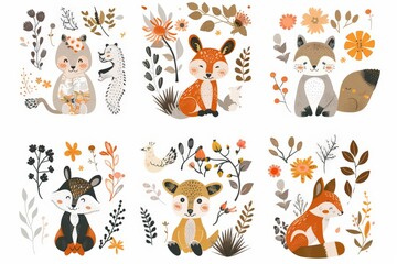 Baby posters and cards template with animals and flower leaves patterns with cute animals, Nursery baby vector illustrations on white background