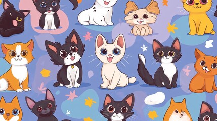 Fototapeta premium Pattern of cartoon-style pets with playful expressions on a colorful background