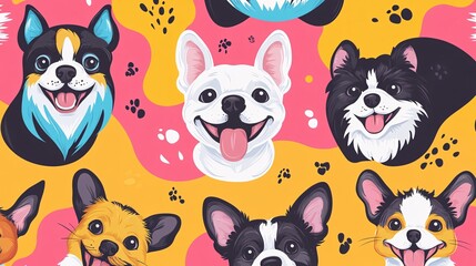 Naklejka premium Pattern of cartoon-style pets with playful expressions on a colorful background