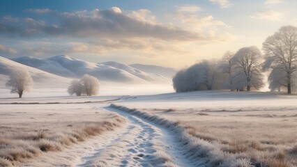 Frosty landscape with light snow, peaceful and serene.-