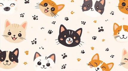 Pattern of cartoon-style kittens and puppies with expressive faces on a light background
