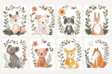 Baby posters and cards template with animals and flower patterns with cute animals, Nursery baby vector illustrations on white background