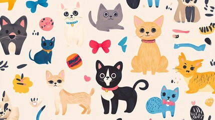 Repeating pattern of pets with various accessories such as bows collars and toys on a light background