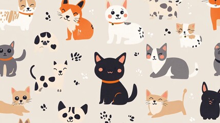 Fototapeta premium Close-up of a pattern featuring a mix of pets in various playful poses on a neutral background