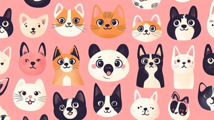 Fototapeta premium Pattern of cartoon-style pets with expressive faces on a pastel background