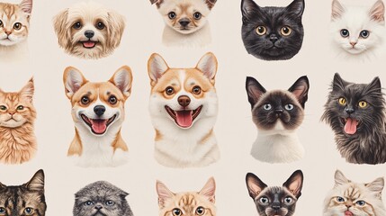 Repeating design of different dog breeds and cats with playful expressions on a light background