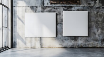 Set of two blank white poster mockup canvas on the wall, concrete background, minimalistic, hyper realistic