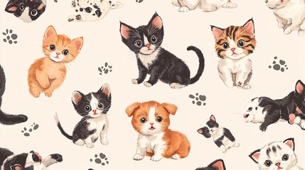 Pattern of playful kittens and puppies with cute expressions on a light background