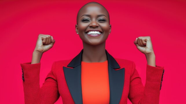 Smiling bald African American woman in red jacket celebrating with raised fists against red backdrop - Powered by Adobe