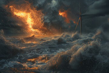 Stormy offshore wind farm amidst raging seas