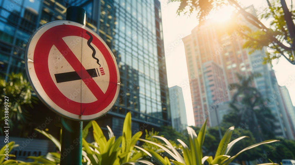 Poster a no smoking sign stands prominently near lush plants, with skyscrapers illuminated by the warm glow