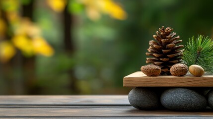 A serene nature composition featuring a pinecone, acorns, and smooth stones on a wooden tray against a blurred forest background.