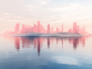 Naklejka premium a futuristic city built on a desert landscape, with a body of water reflecting the city's modern architecture.