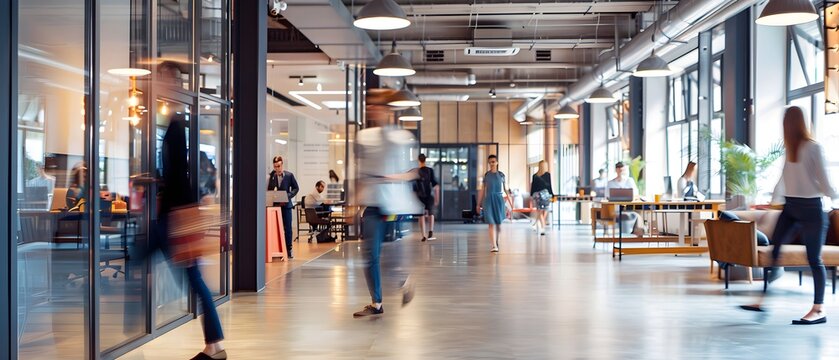 People moving through a busy open office space with modern industrial design, featuring exposed ceilings, large windows, and collaborative work areas.