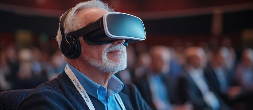 Senior Man Experiencing Virtual Reality with VR Headset at a Technology Conference