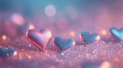 Obraz premium Tiny hearts with a glittery effect on a soft pastel background
