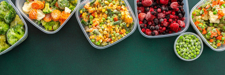 Food in winter, freezing fresh vegetables in summer in the refrigerator, various frozen vegetables in plastic dishes above and below green background, banner
