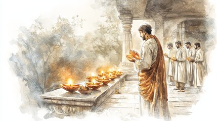 Fototapeta premium A group of men in prayer holding lit oil lamps at a temple during a peaceful morning ritual, with soft light illuminating the scene.