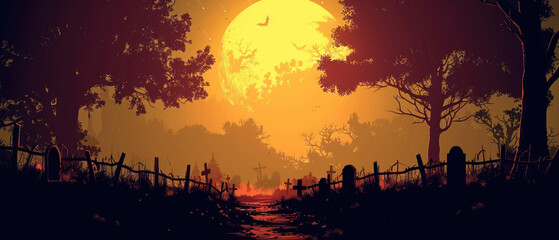 Creepy Halloween graveyard under a full moon