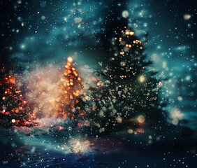 Naklejka premium abstract blurred blue christmas holidays background with xmas trees & lights; bokeh effect; magic night backdrop