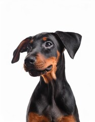 笑顔のドーベルマンの子犬のポートレート（Portrait of a smiling Dobermann puppy on white background）
