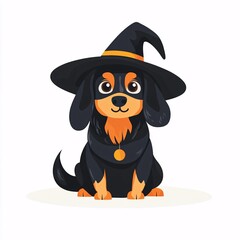 Playful Cartoon Dog Dressed as a Witch in Vibrant Halloween Costume on White Background