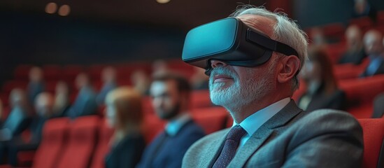Senior Man Wearing Virtual Reality Headset in Conference Room with Audience in Background