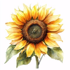 Fototapeta premium Vibrant Watercolor Sunflower Illustration with Detailed Textures on Pure White Background