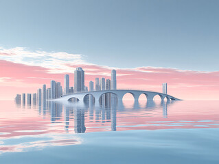 Fototapeta premium surreal cityscape with tall buildings, a bridge, and a reflective blue river. The city is surrounded by pink cherry blossom trees.
