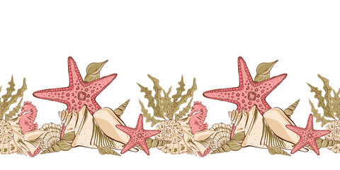 Seamless border with shells, seaweed and sea animals on a white background. Isolated on white background, design for wallpaper, textile, packaging © YustasArt