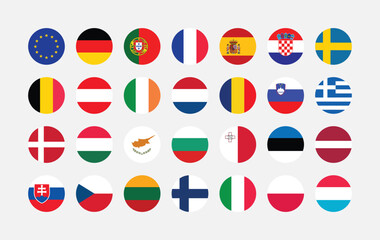 National Flag of All European Union countries. Set of European Union country Round Flag.
