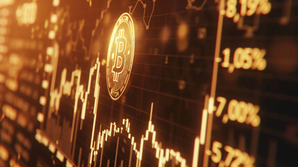 A glowing B is displayed on a screen with a currency graph background. Concept of technology and innovation, as the B represents a digital currency like Bitcoin. 

